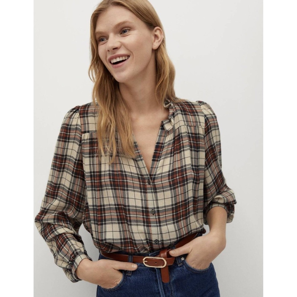 Mango MNG Womens Plaid Ruffle V-Neck Blouse Orange Black‎ Wool Blend 8 Academia